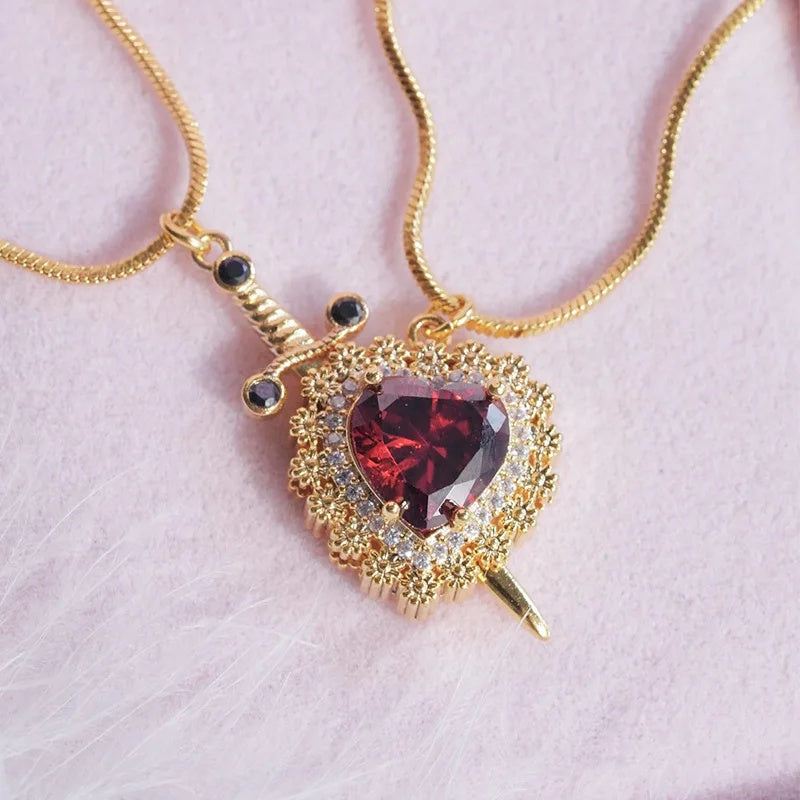 Heart & Dagger Couple Necklace with Red Rhinestone