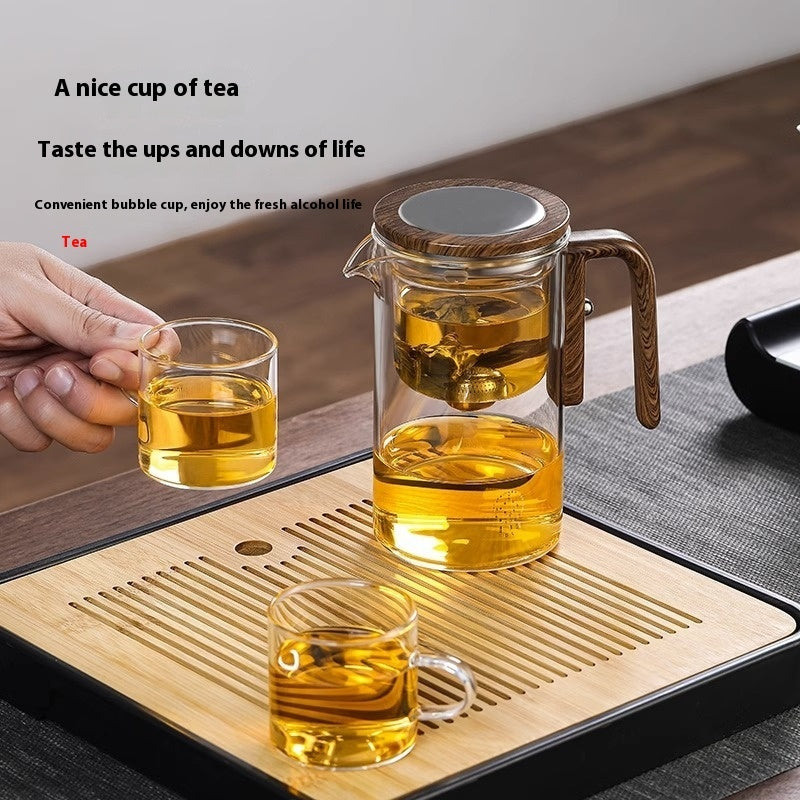 One Click Magnetic Glass Teapot with Wooden Handle and Dual Infusers