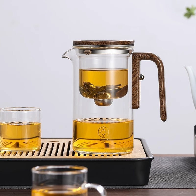 One Click Magnetic Glass Teapot with Wooden Handle and Dual Infusers