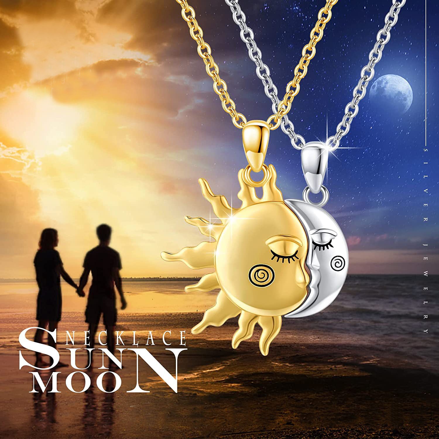 18K Golden Magnetic Sun and Moon Couple Pendant Necklace