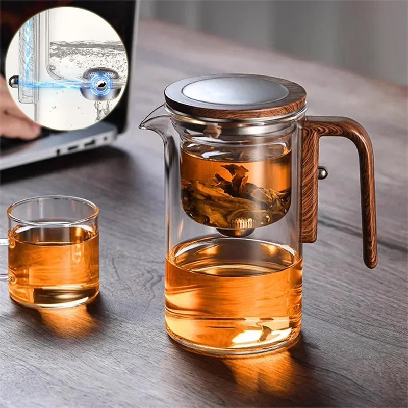 One Click Magnetic Glass Teapot with Wooden Handle and Dual Infusers