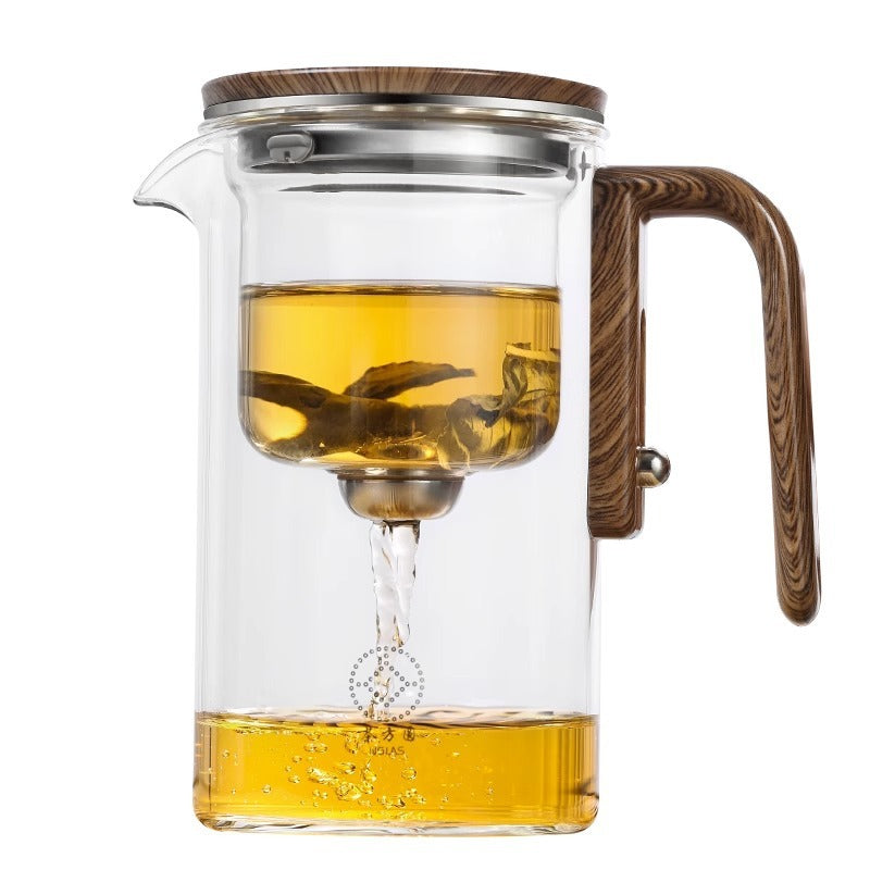 One Click Magnetic Glass Teapot with Wooden Handle and Dual Infusers