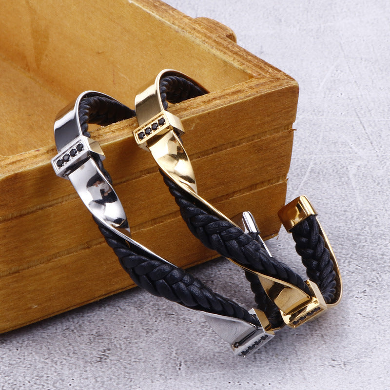 Black Diamond Geometric Men's Leather Bracelet