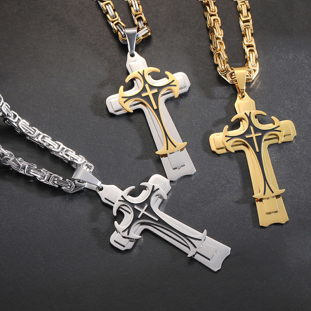 Mens Stylish Trinity Cross Necklace in Titanium Steel