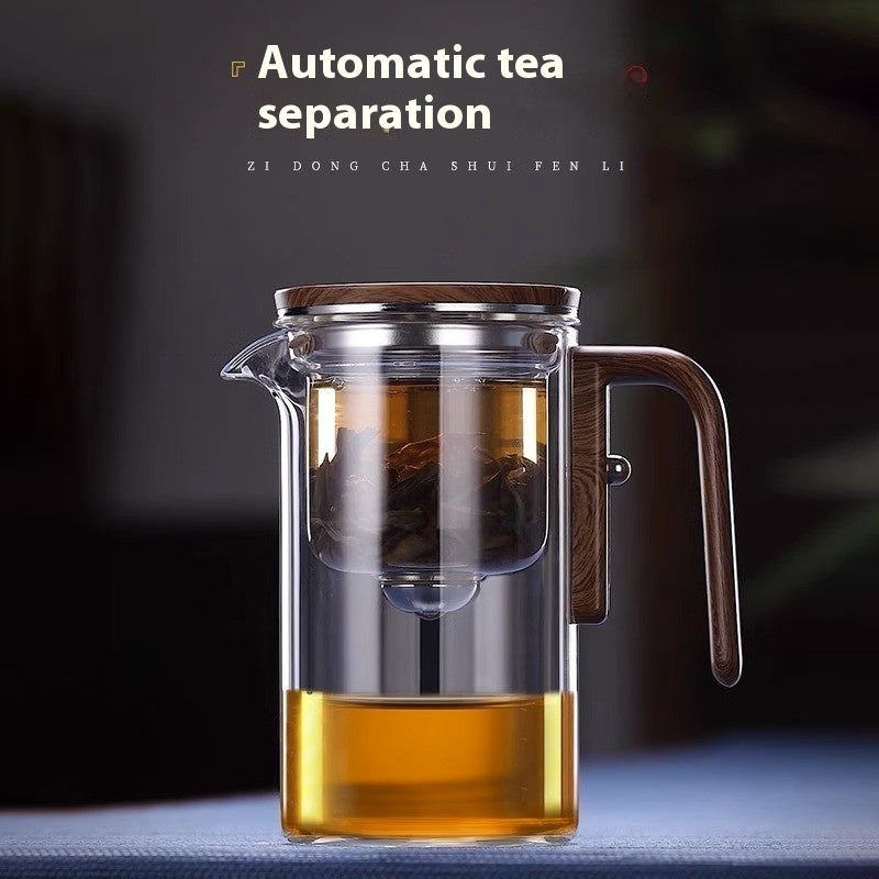 One Click Magnetic Glass Teapot with Wooden Handle and Dual Infusers