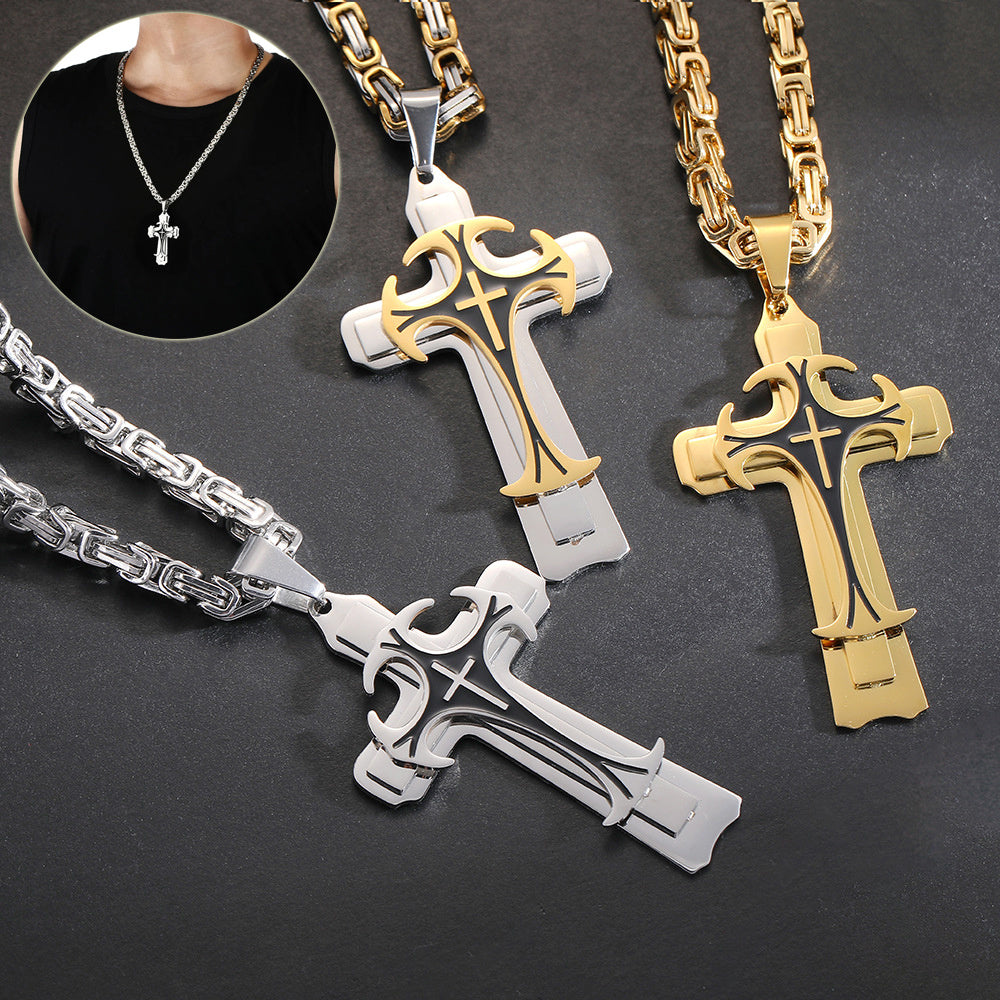 Mens Stylish Trinity Cross Necklace in Titanium Steel